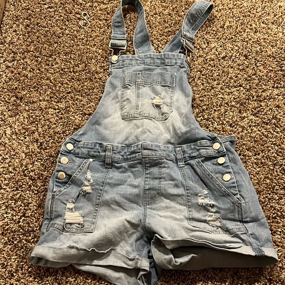 Blue-spice ripped overalls